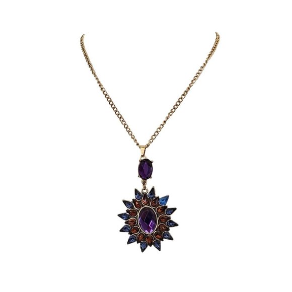 Gold-Tone Chain Necklace with Purple Blue & Amber Gemstone Sunburst Pendant READ - Picture 2 of 5